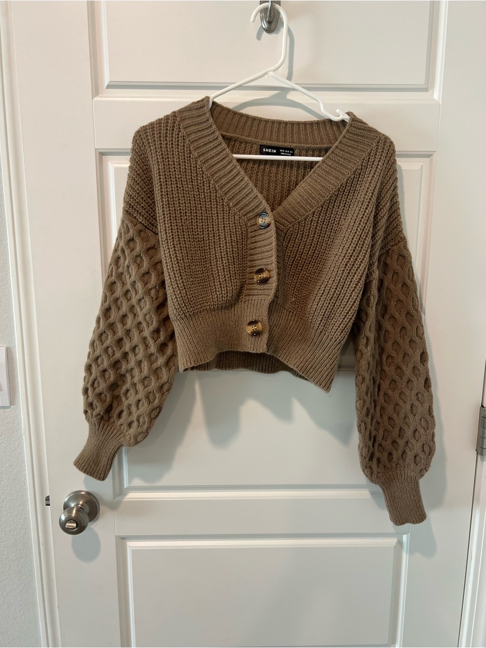 SHEIN Cropped Cable-Knit Balloon Sleeve Cardigan in Brown